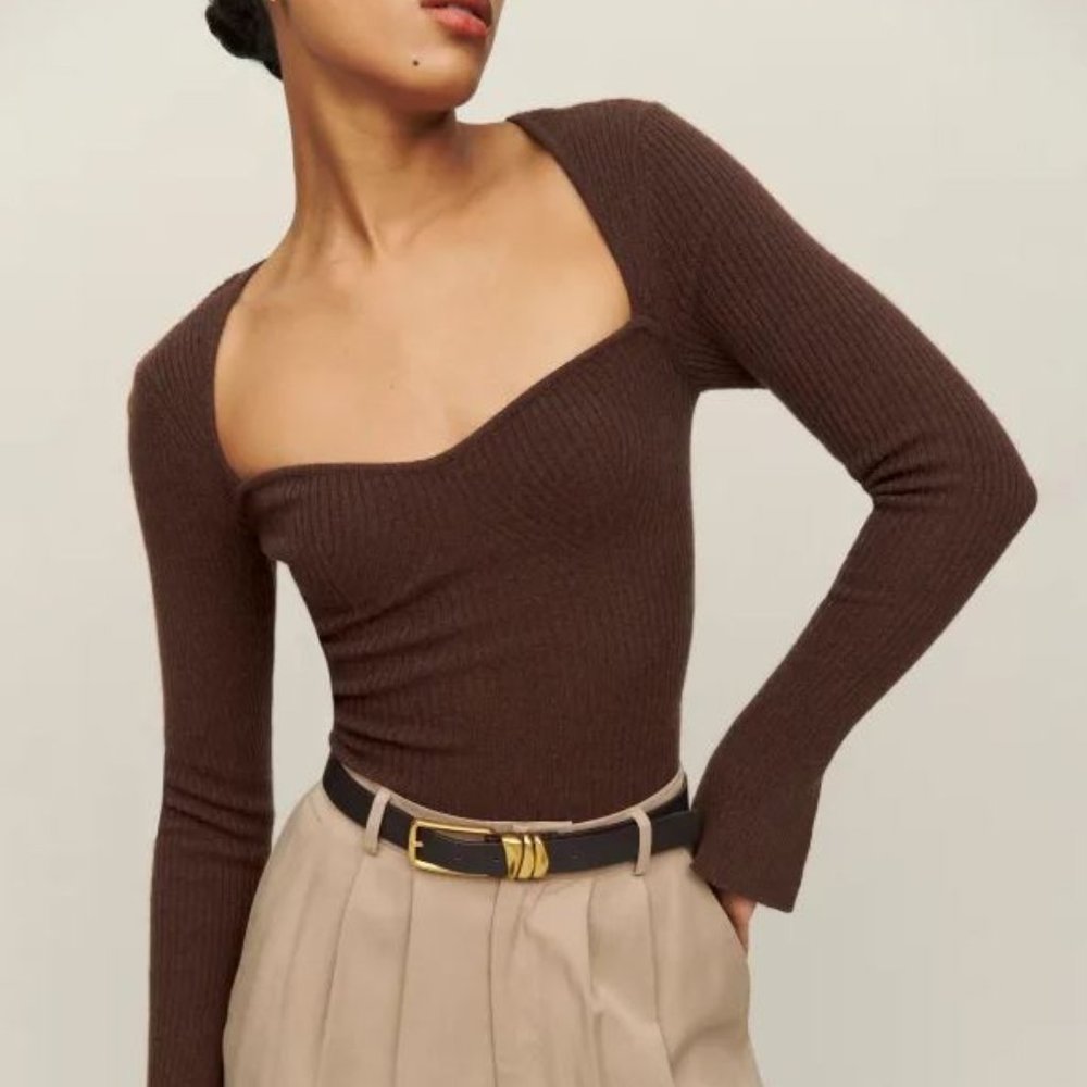 Reformation Brown Square-Neck Ribbed Long-Sleeve Sweater